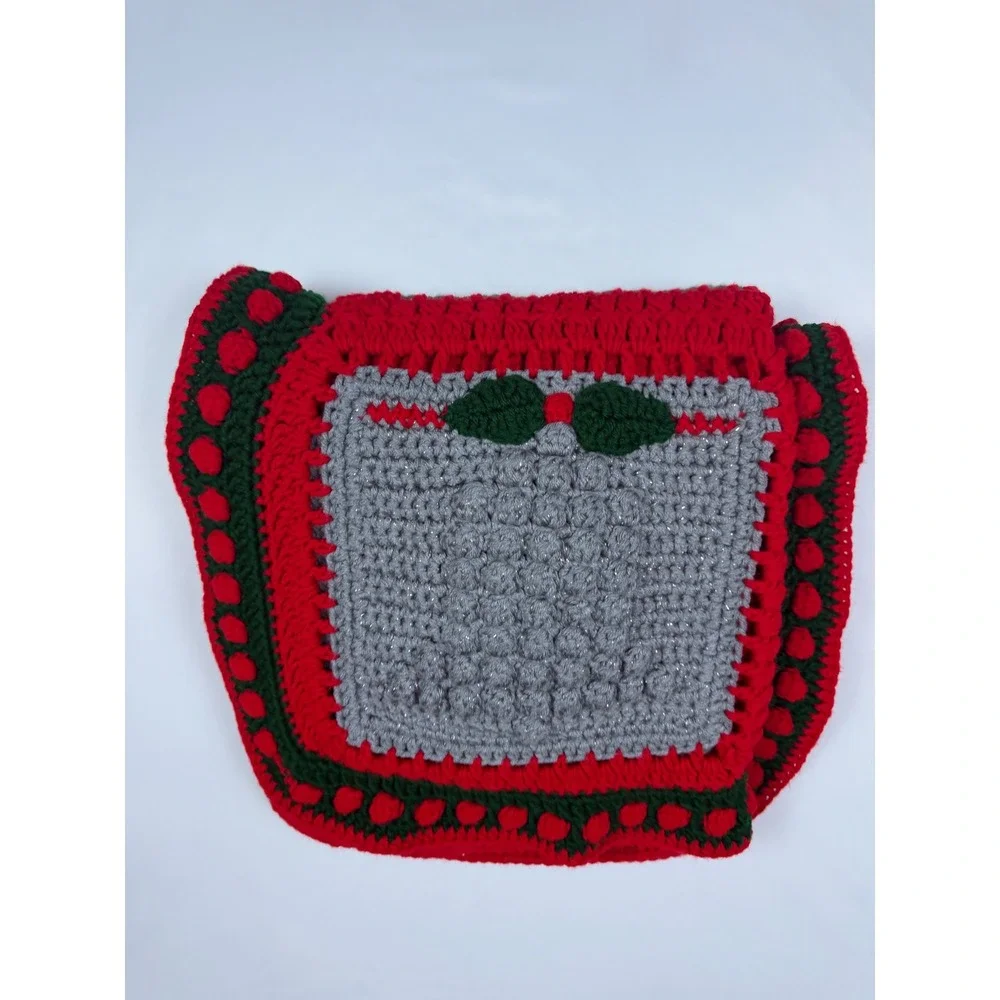 Handmade Crochet Bell Blanket 50x42 Red Grey Holiday‎ Bobble Throw